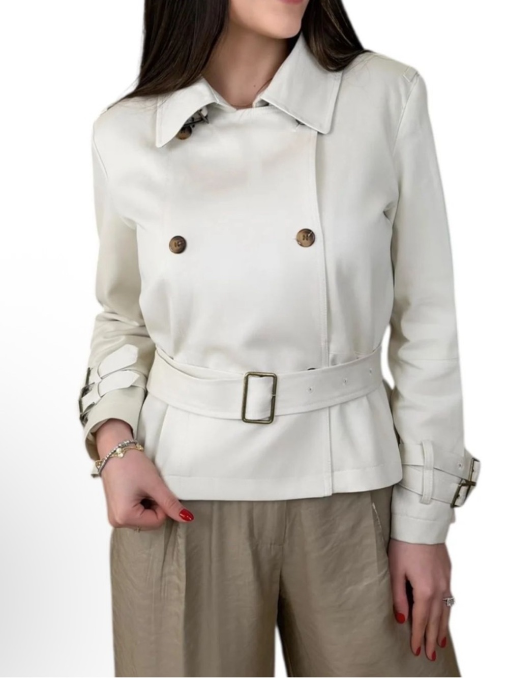 Classic Double-Breasted Cream Belted Trench Jacket - Women